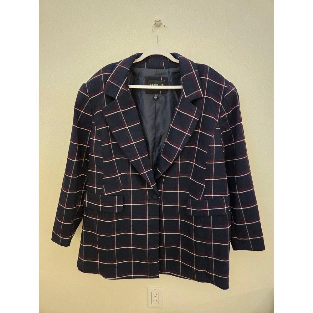 NWT Eloquii Plaid Blazer Size 20 Navy Burgundy Windowpane Single Button Jacket